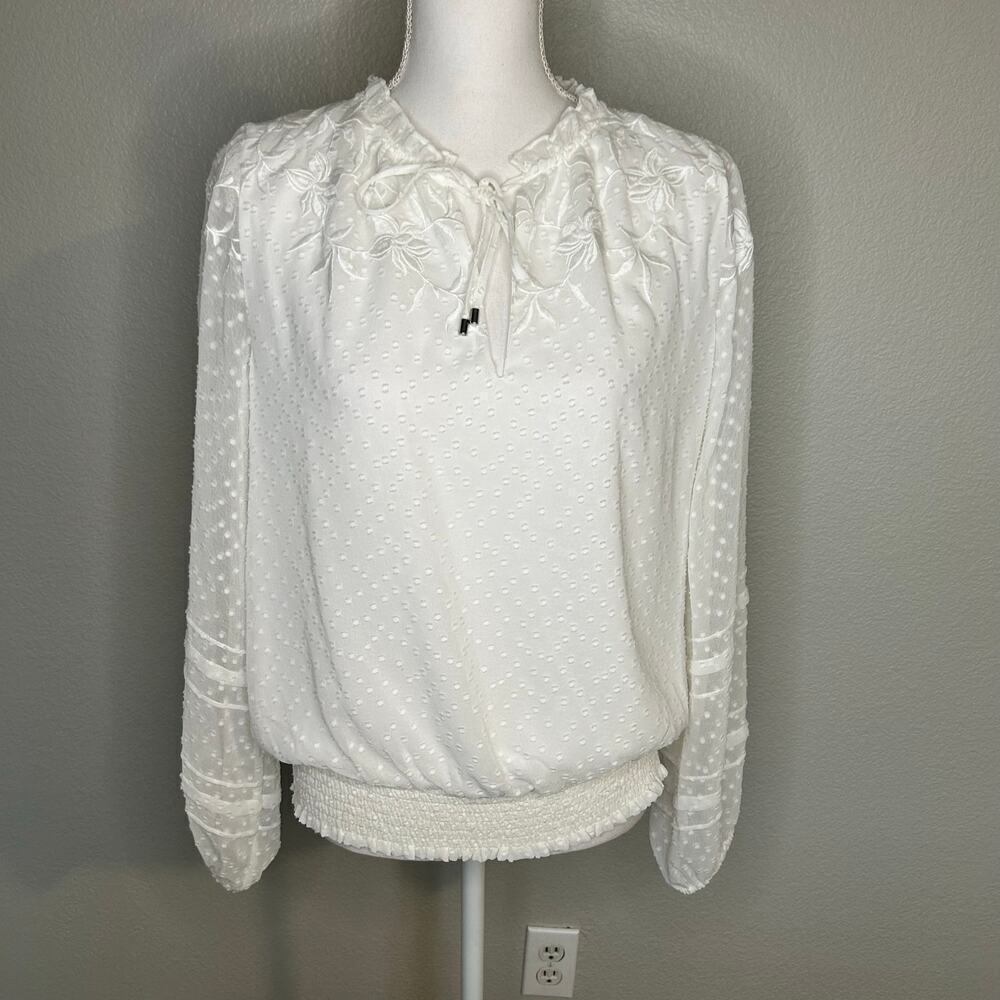 White House Black Market white blouse tie collar elastic waist long sleeve M